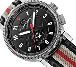 Burberry Men's BU7680 Check Engraved Black Dual Time Zone Stripe Strap Watch via amazon.com, $379.99